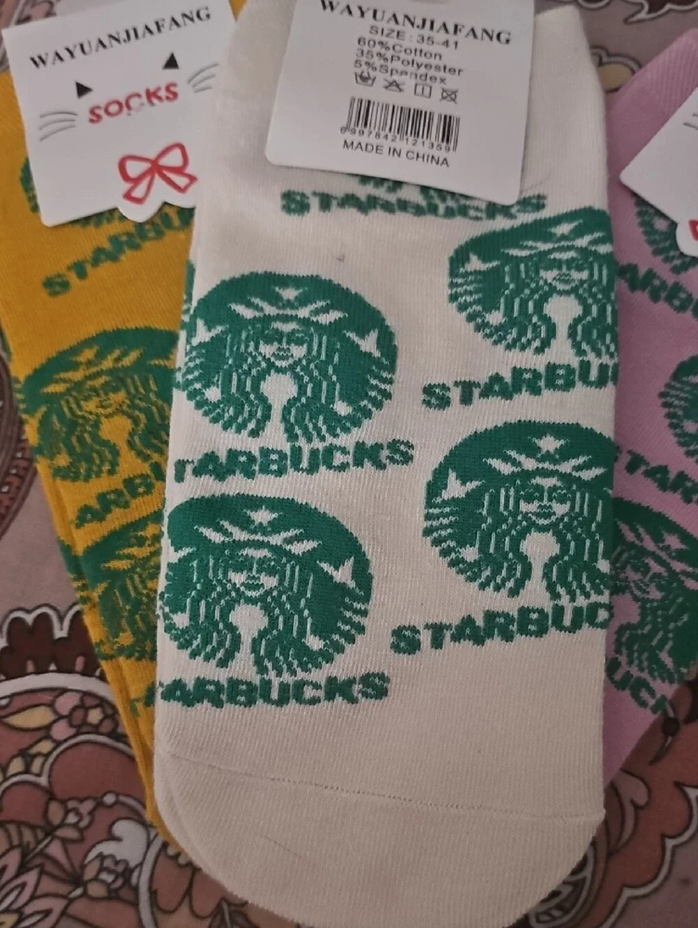 Women’s Crew Socks - White/Green/pink Starbucks Logo Pattern Pink Is Gone   2 Pr